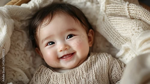 little cute smiling korean baby lying in crib, infant in cradle, asian child, kid, chinese newborn, childhood