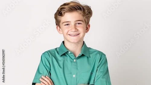 Portrait of a smiling young boy with blond wavy hair photo