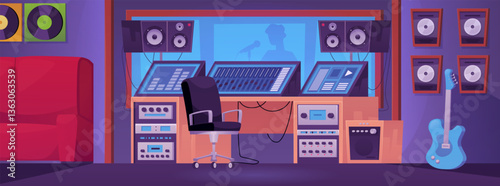 Music sound recording studio control room with professional equipment vector illustration, Live room with microphone