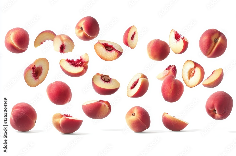 Fresh and Juicy Peaches Sliced and Flying in the Air Against a White Background for Culinary and Healthy Food Concepts