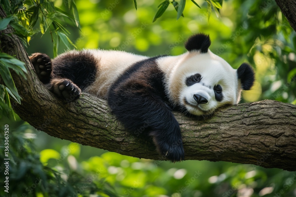 Fototapeta premium Panda relaxing on tree branch in lush green habitat during a sunny day