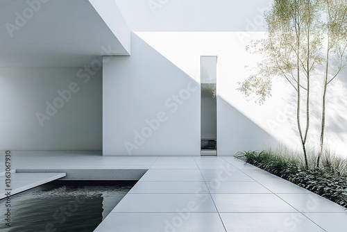 A minimalistic house with a smooth white facade, recessed windows, and a minimalist garden with low-maintenance plants and a water feature