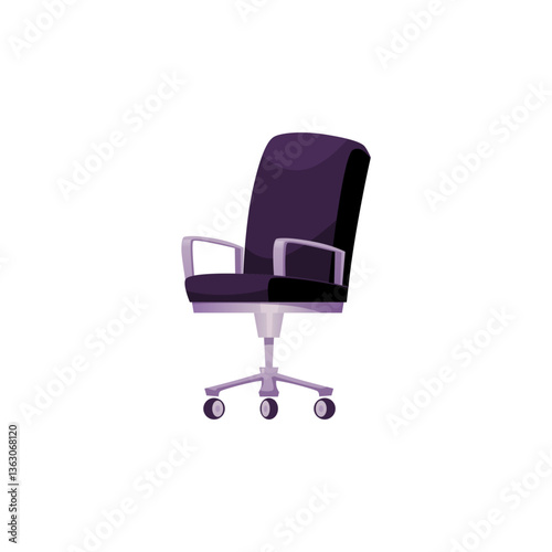 Vector illustration of black office chair with high back, armrests and wheels.