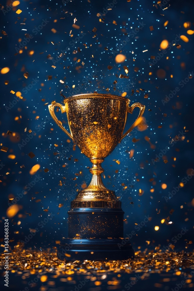Golden trophy cup gleaming under falling confetti on a dark blue background symbolizing victory achievement success award celebration and recognition Golden trophy cup gleaming under falling confetti on a dark blue background symbolizing victory achievement success award celebration and recognition