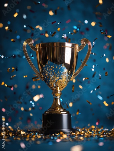 Golden trophy cup with falling confetti against a dark blue background celebrating success and achievement in a festive atmosphere