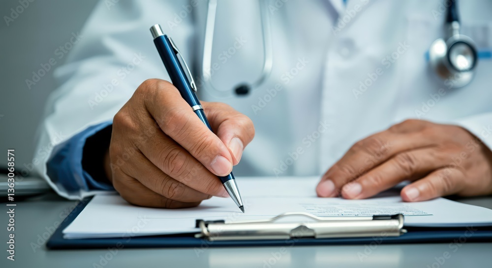 Close-Up of Doctor Writing Prescription on Medical Form Close-Up of Doctor Writing Prescription on Medical Form