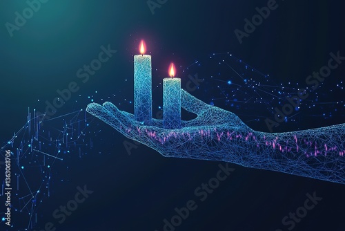 Abstract Human Hand Holding Candlestick. Stock Market and Investment Concept. Protection of Graph Chart on Technological Blue Background. Low Poly Wireframe Vector Illustration with 3D Effect.