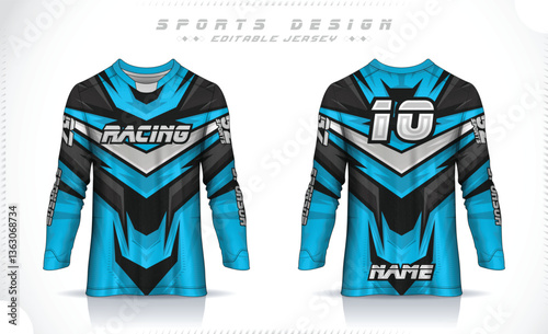Long sleeve jersey design template, Motocross racing jersey design. Sports uniform front and back view