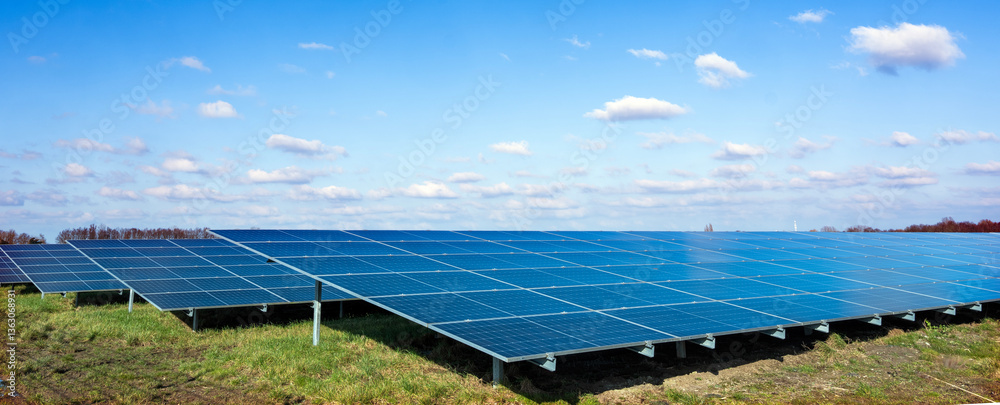 solar panel field under blue sky with fluffy clouds in dutch area near utrecht in holland