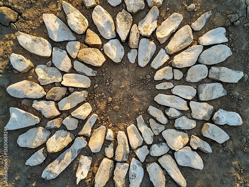  Bones arranged in mandala pattern on dry soil, sun-bleached and cracked textures create earthy symmetry, viewed from above with strong natural tones