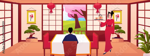 Beautiful Japanese woman serving tea ceremony for man in oriental room interior vector flat illustration, Sakura view