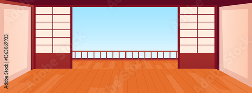 Empty traditional japanese room with open balcony and blue sky.
