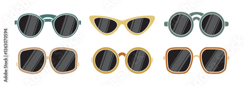 Vintage sunglasses vector set in retro print style. Collection of stylish eyewear with round, square, and cat-eye frames in muted colors. Perfect for fashion, summer, and hipster design projects.