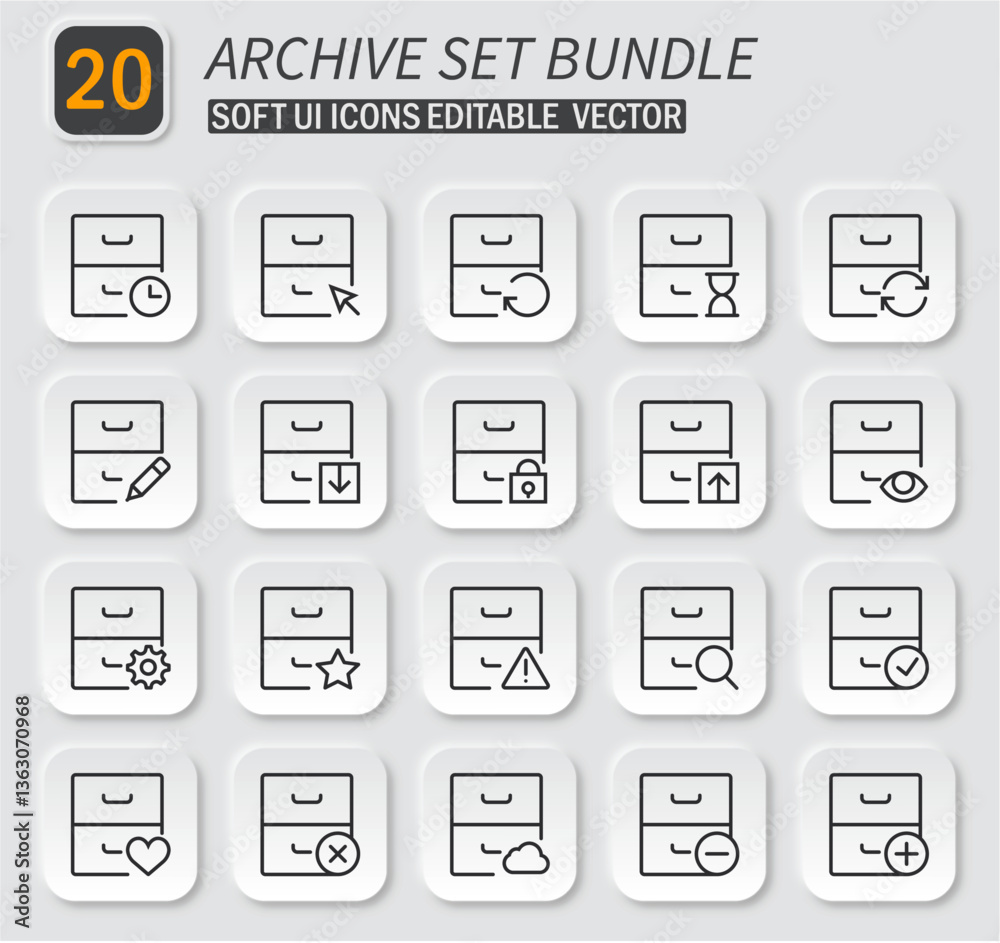 Archive drawers set of icons with symbols in minimalist neumorphic design Archive drawers set of icons with symbols in minimalist neumorphic design