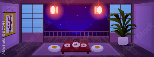 Japanese room interior in night vector flat illustration, mountains and starry sky, Asian tea ceremony, glowing lanterns