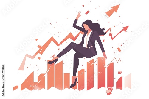 Bankrupt businesswoman pushed by downward arrow vector concept. Symbol of bankruptcy, failure, recession, crisis and financial losses on stock exchange market.