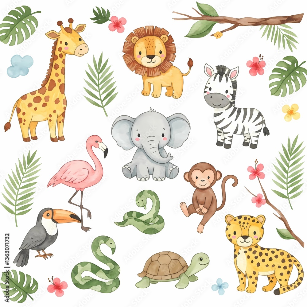 Naklejka premium A suitable title for this image on Adobe Stock could be:Cute Watercolor Safari Animals Clipart - Hand-Painted Jungle Wildlife Illustrations