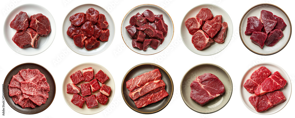 Varieties of Fresh Raw Beef Cuts Displayed in White and Brown Plates for Culinary Inspiration and Butchery Reference. Piquant food set. Varieties of Fresh Raw Beef Cuts Displayed in White and Brown Plates for Culinary Inspiration and Butchery Reference. Piquant food set.