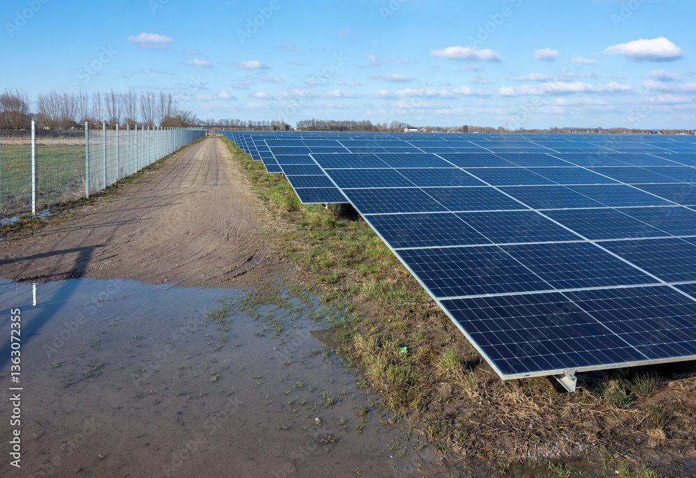 solar panel field under blue sky with fluffy clouds in dutch area near utrecht in holland