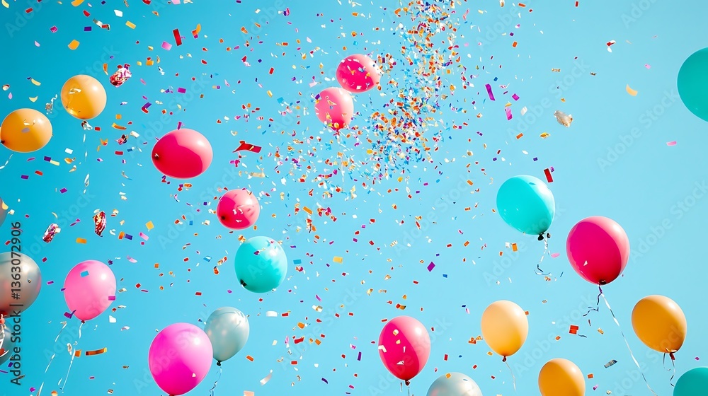 Colorful Balloons and Confetti Floating in Blue Sky Celebration Colorful Balloons and Confetti Floating in Blue Sky Celebration