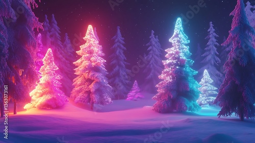 Magical Neon Winter Wonderland with Glowing Trees and Sparkling Snow Under a Starry Night