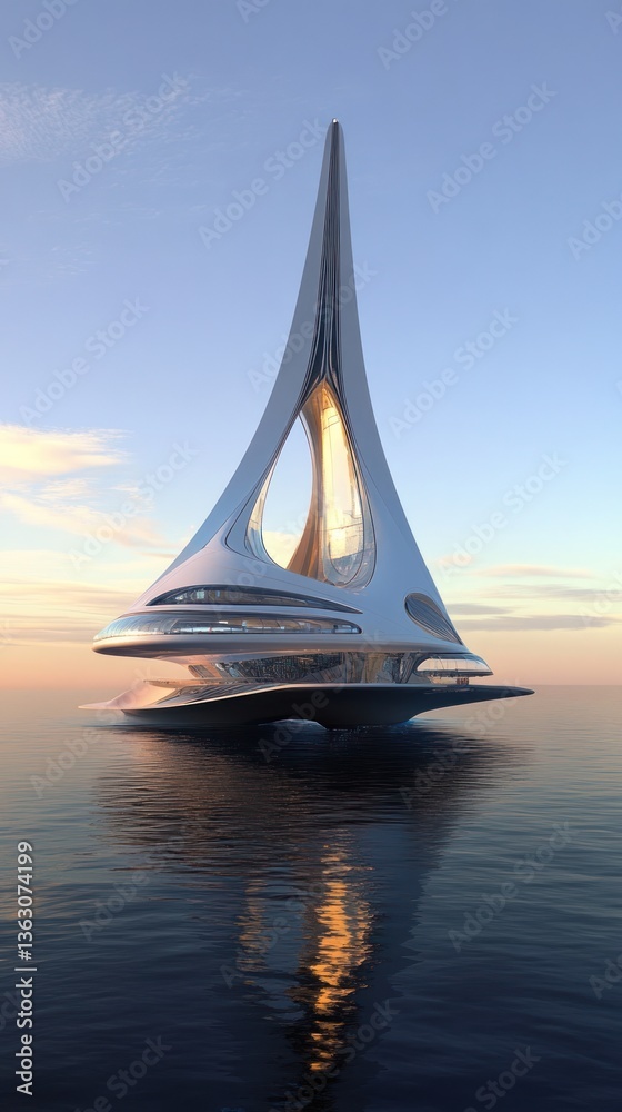 Obraz premium A futuristic architectural structure floating on calm ocean water