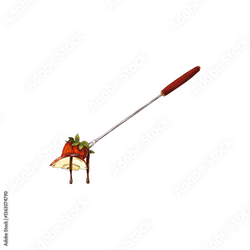 Watercolor sketch of fondue stick with apple and strawberry slice in hot chocolate.