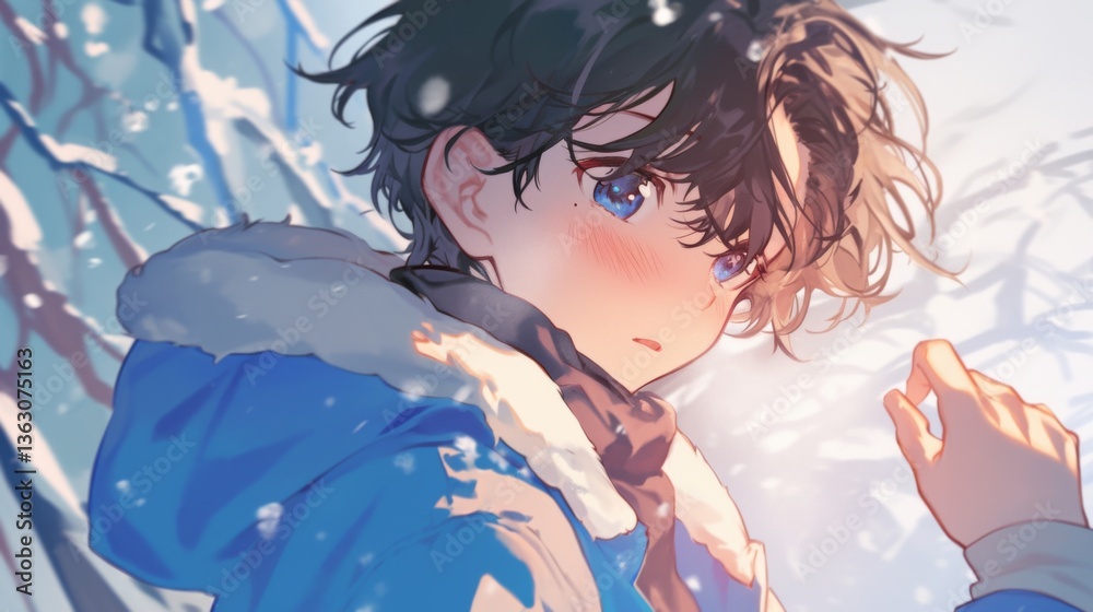 Handsome anime boy with black hair, blushing face, wearing blue and white clothing in a snowy scene Handsome anime boy with black hair, blushing face, wearing blue and white clothing in a snowy scene