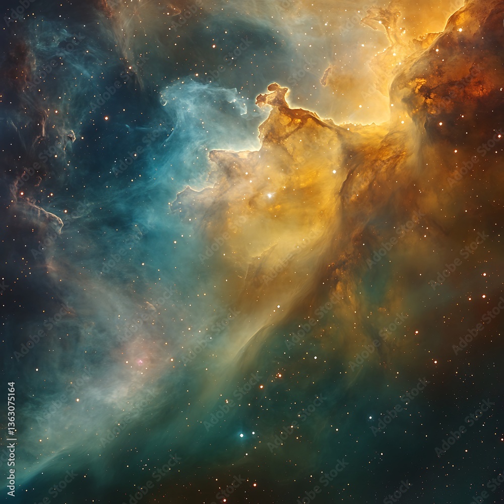Fototapeta premium Majestic Golden and Blue Nebula with Cosmic Dust and Stars in High-Resolution Space Scene