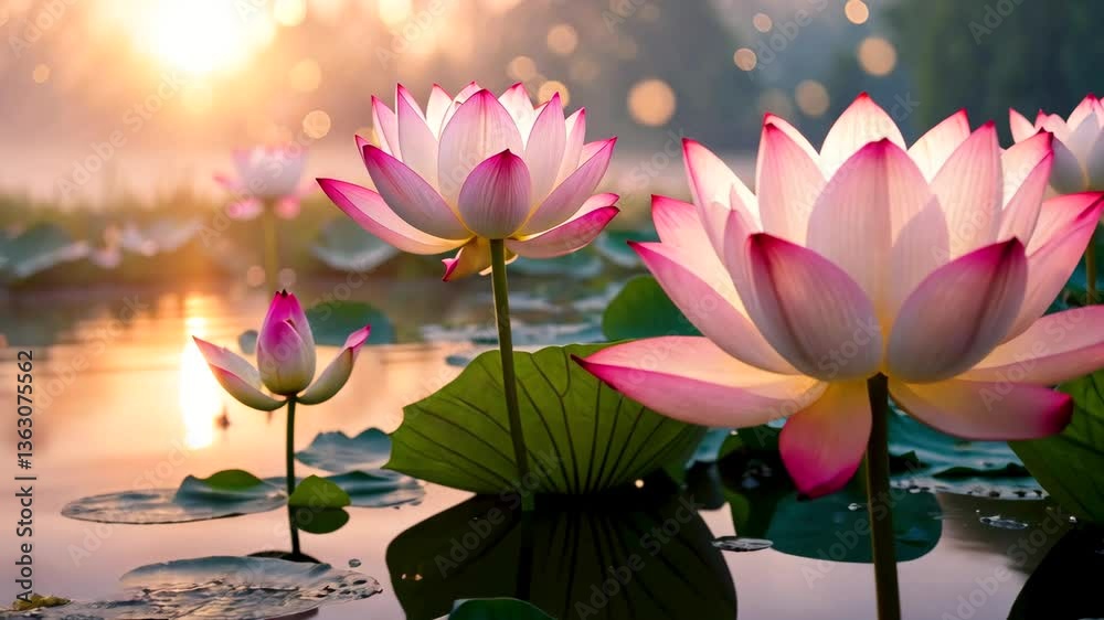 Pink lotus flowers blooming on tranquil pond with golden sunlight reflections