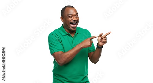 Man in green polo shirt laughing and pointing to the right on white backgroundisolated on white background photo