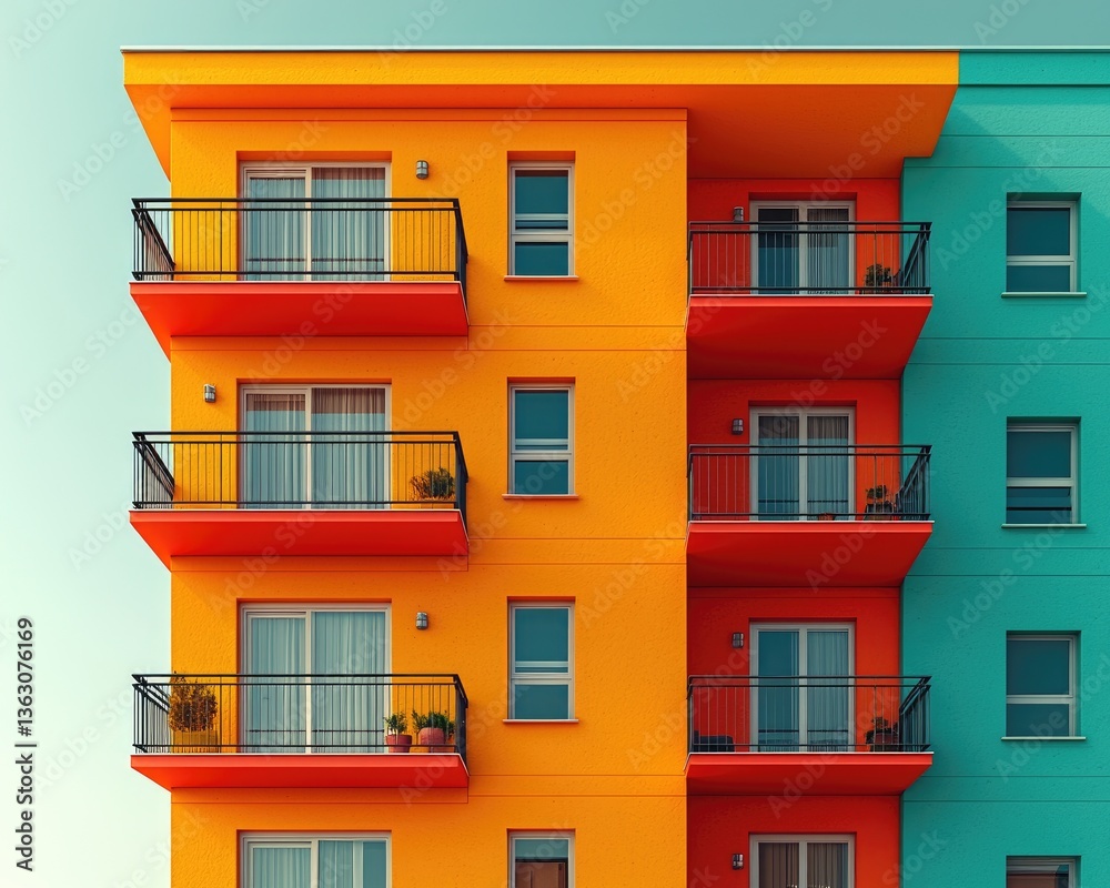 Naklejka premium Vibrant apartment building with colorful balconies under clear sky