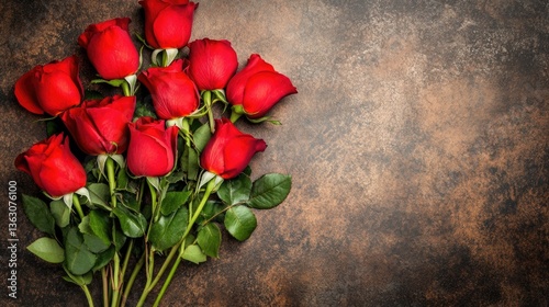 A Dozen Red Roses on Rustic Brown Background