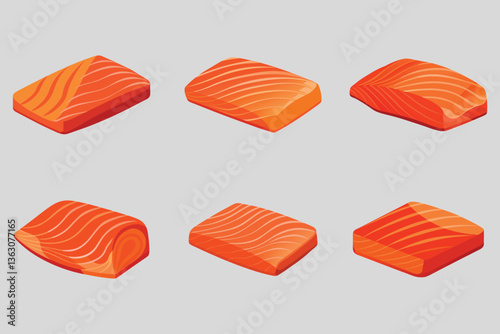 Tuna Fish Slices Vector Illustration, Salmon Filets Different Angles Fresh Seafood, Illustration of tuna fillets 