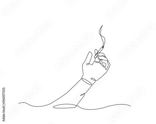 Hand holds a cigarette outline drawing illustration. one continuous line drawing of smoker's hand.