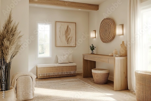 A calming retreat featuring soft recessed lights, neutral decor, and layered natural textures
