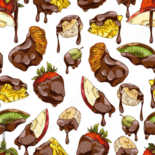 Berries and pieces of fruit with melted dark chocolate hand drawn vector seamless pattern design, fondue dessert sketch