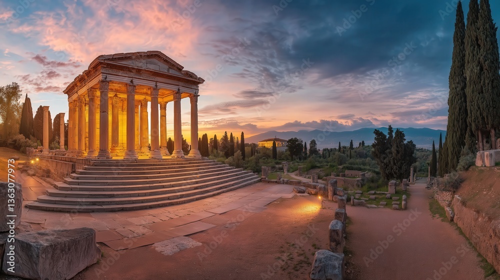 Fototapeta premium Ancient temple ruins at sunset with classical columns and cypress trees