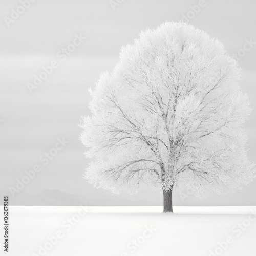 Minimalist Winter Tree in Snowy Landscape with Frosted Branches and Serene Monochrome Tones
