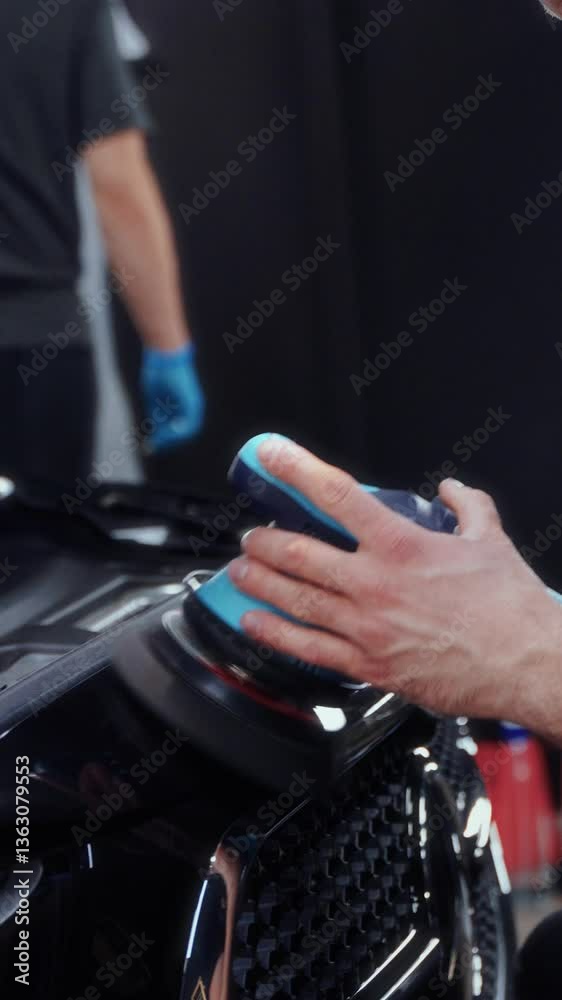 Car paint correction using polishing machine on black vehicle surface in detailing studio – professional hands working with buffer for restoring gloss, ideal for promo, tutorials or automotive ads Car paint correction using polishing machine on black vehicle surface in detailing studio – professional hands working with buffer for restoring gloss, ideal for promo, tutorials or automotive ads