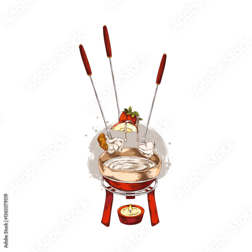 Berries and pieces of fruit on skewer with melted white chocolate hand drawn vector, candle with fondue bowl sketch