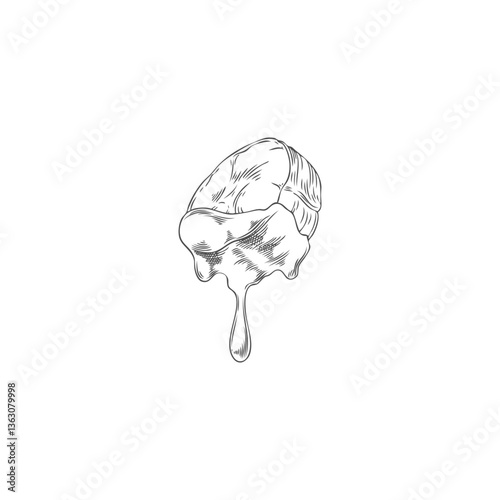 Slice of banana in melted chocolate hand drawn engraved vector, fondue sketch, tropical fruit piece in dripping cheese