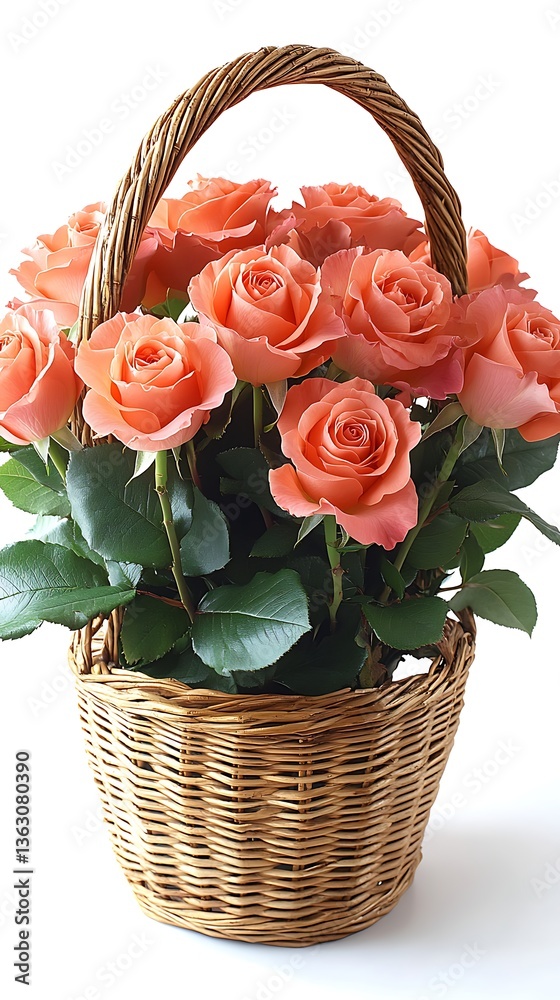 Peach Roses in Wicker Basket. Peach Roses in Wicker Basket.