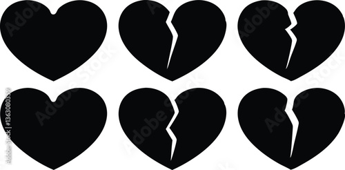 From Intact to Broken: A set of six black heart shapes representing different stages of a relationship, with some whole and others fractured. A poignant symbol of love, loss.
