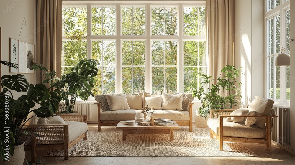 Bright modern living room with large windows, beige sofas, and wooden furniture Bright modern living room with large windows, beige sofas, and wooden furniture