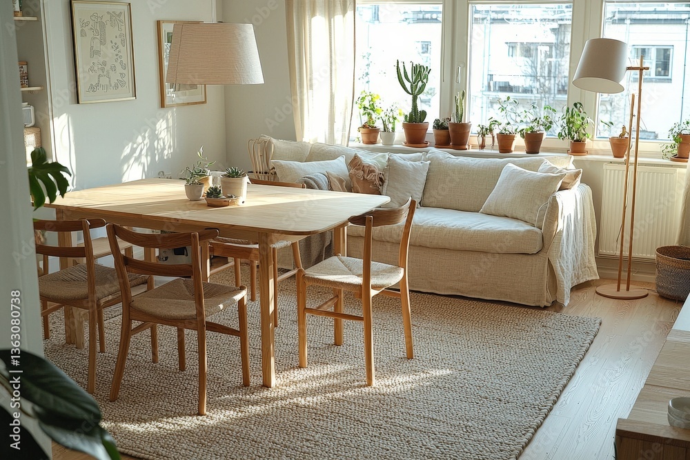 Bright and cozy living room with wooden dining set, beige sofa, and potted plants Bright and cozy living room with wooden dining set, beige sofa, and potted plants
