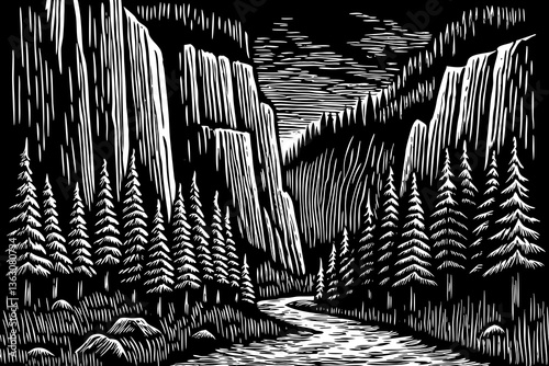 black and white overlooking landscape of Gates of the Mountain in Helena National Forest hand drawn sketch outline