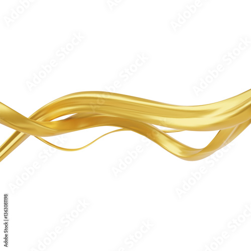 Golden twisted ribbons, horizontal yellow intertwined wave stripes shapes, curvy metal lines stream vector 3D design