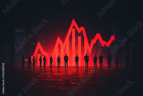 A minimal style of a red down graph of the financial crisis, economic downturn, inflation, recession, failure, bankruptcy, and crisis concept. Businessmen team push a decrease business chart diagram.