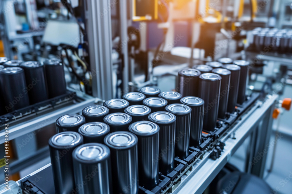 Naklejka premium Close-up view of battery manufacturing line in a factory Generative AI